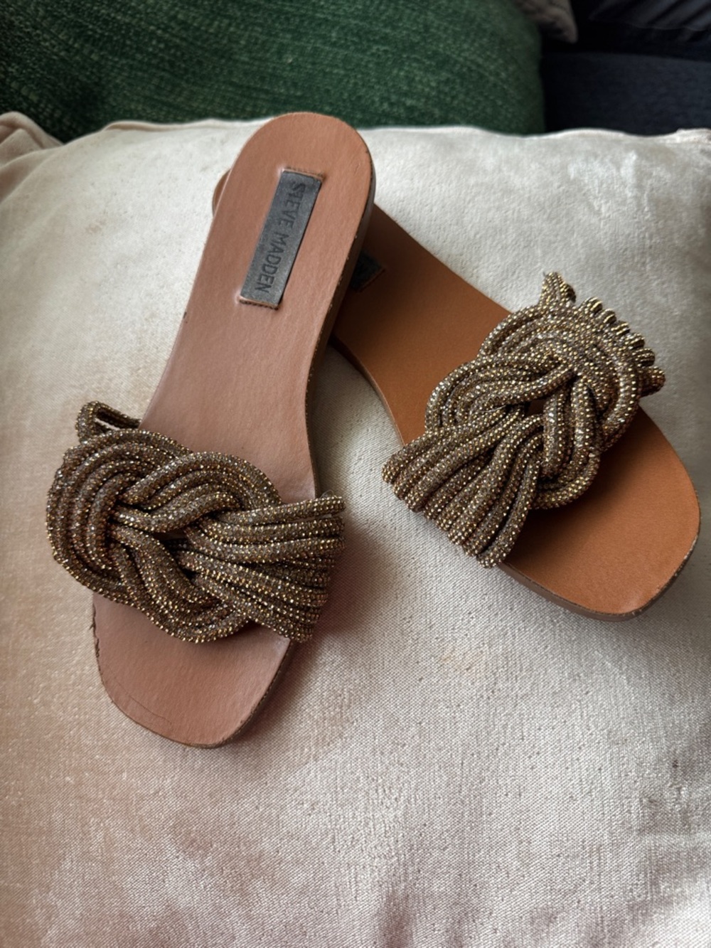 Steve Madden Gold Beaded Knot Slide Sandals - Tan Footbed